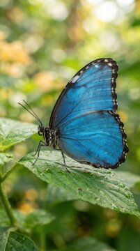 Blue morpho butterfly resting on a green leaf with water drops
