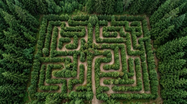 Aerial view of a green hedge maze in a forest
