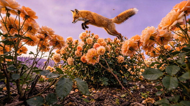 Red squirrel jumping above orange roses