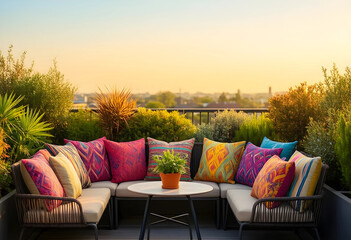 Fototapeta premium Rooftop terrace lifestyle and outdoor living, urban oasis with comfortable seating and colorful cushions at sunset