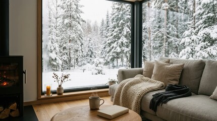 Fototapeta premium Cozy living room interior with fireplace and panoramic window view of snowy forest