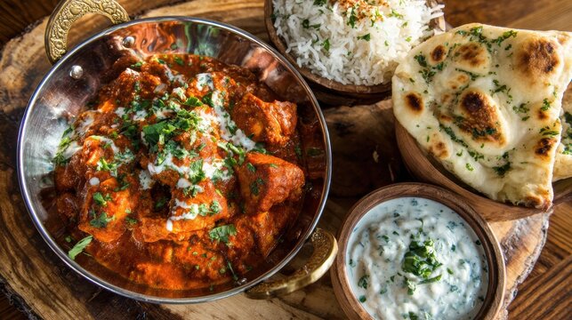 A delicious Indian chicken curry served with rice, naan bread