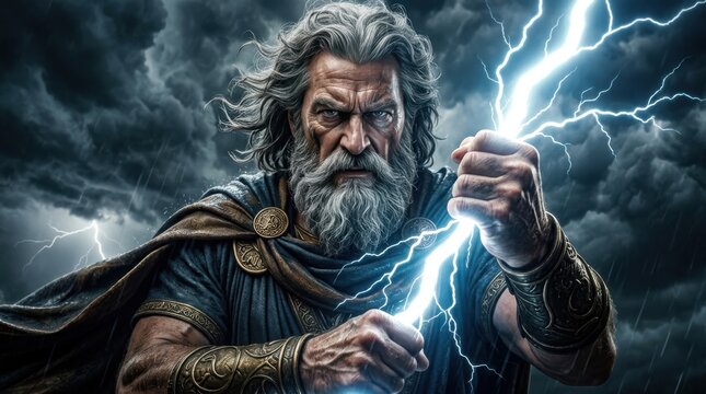 Ancient Greek god holding lightning bolt in storm