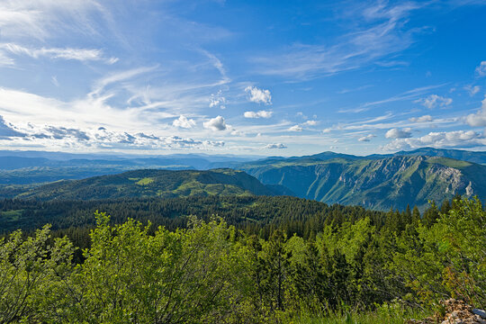 Panoramic aerial view of lush Durmitor National Park forests and mountains