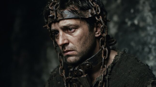 Sad prisoner in chains and iron collar in dark dungeon