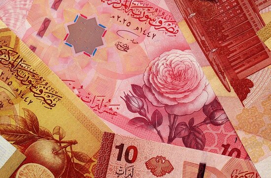 Syrian pound money bills in pile on table. Syria SYP currency cash close up