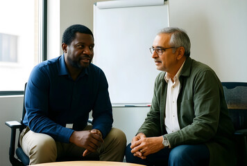 Fototapeta premium Business mentorship and diverse collaboration, two men discussing strategy in a modern office meeting room