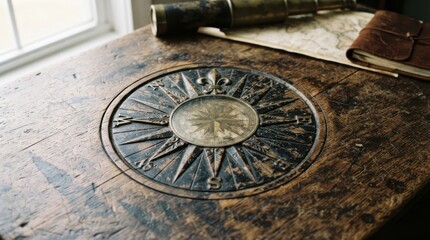 Fototapeta premium Vintage compass rose carved on an old wooden table with map and telescope