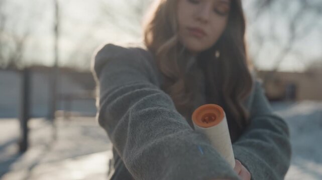 Diligent clothing maintenance outdoors. Maintaining and grooming wardrobe items carefully in outdoor setting. Methodically organizing and cleaning clothing amidst cold weather for planned walk