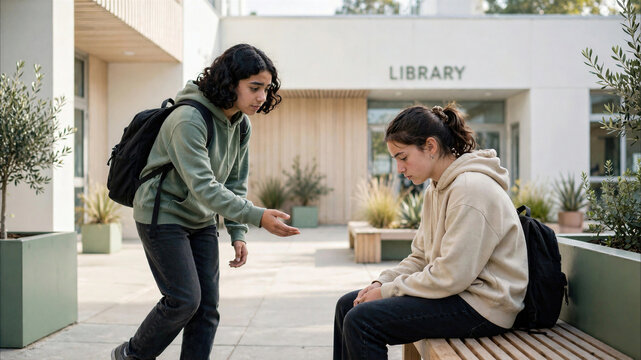 Student helping isolated classmate in school courtyard