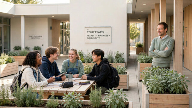 Teacher supervising peer support meeting in school courtyard