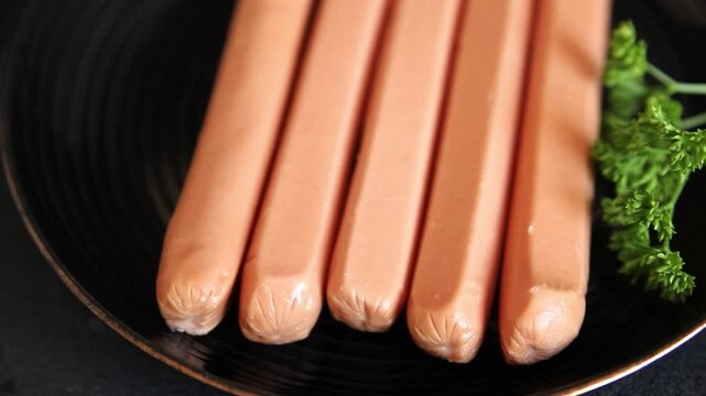 Sausages halal poultry meat turkey or chicken dish delicious appetizer fresh and delicious gourmet food background on the table traditional rustic food top view copy space