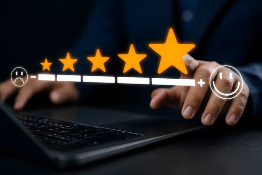 User feedback and five-star rating system. Businessman using laptop and selecting maximum star level with smiley icon, representing excellent digital experience and customer satisfaction.