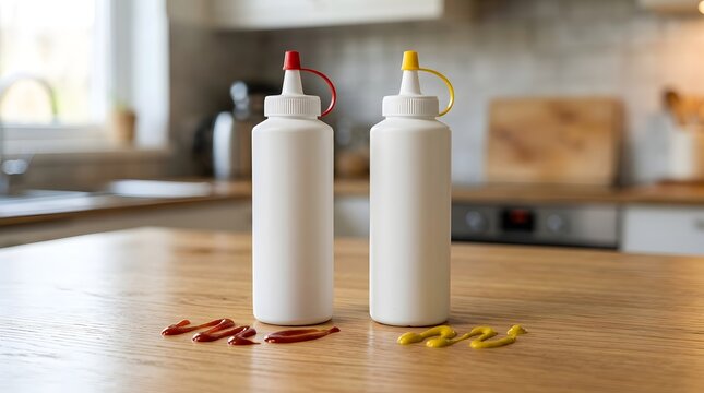 Two white squeeze bottles with red ketchup and yellow mustard, kitchen counter display.