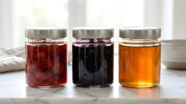 Three jars of strawberry jam blueberry jam and honey on marble surface.