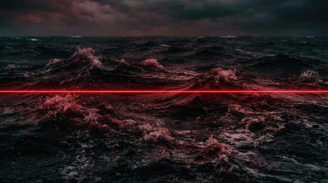 Red laser beam cutting across stormy dark ocean waves at night