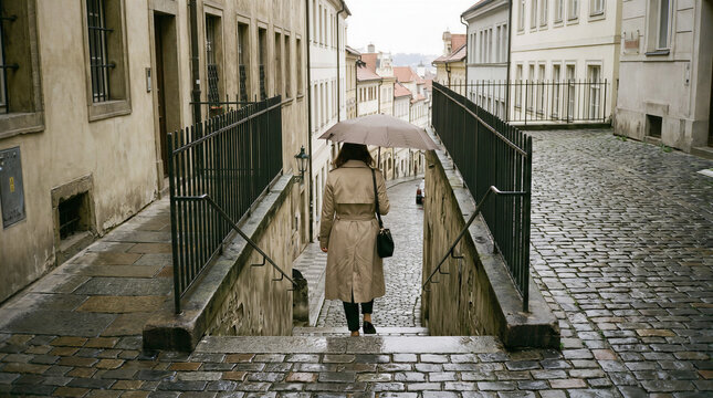 Woman with an umbrella walking down outdoor steps in a narrow European old town street in the rain