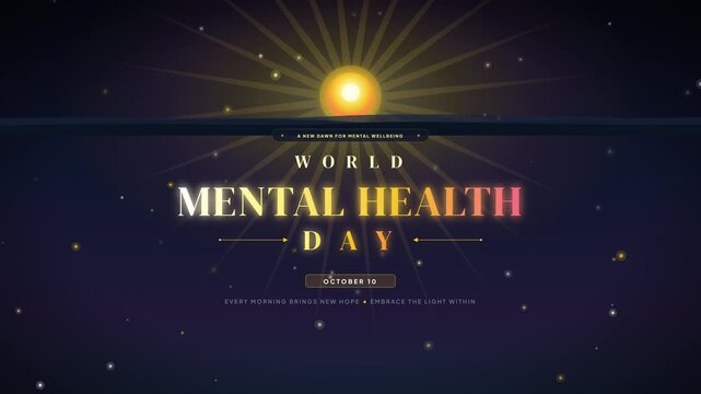 World Mental Health Day text banner animation with shining light rays on dark background