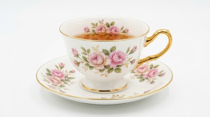 Fototapeta premium Elegant porcelain teacup and saucer with pink rose floral pattern and gold trim