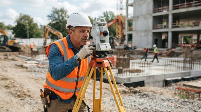 Construction worker using total station surveying equipment on site