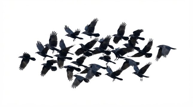Flock of crows flying together