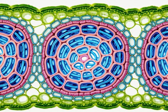 Microscopic view of maize leaf showing Kranz anatomy. Cross section bundle sheath cells, mesophyll cells in concentric arrangement. Diagram illustrates plant tissue structure for photosynthesis