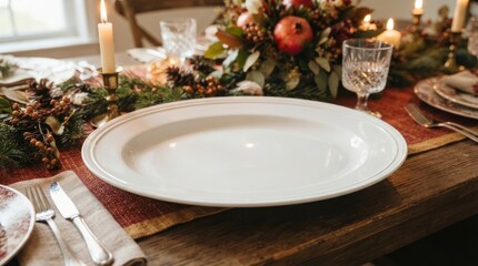 Fototapeta premium Festive holiday table setting with centerpiece and candles