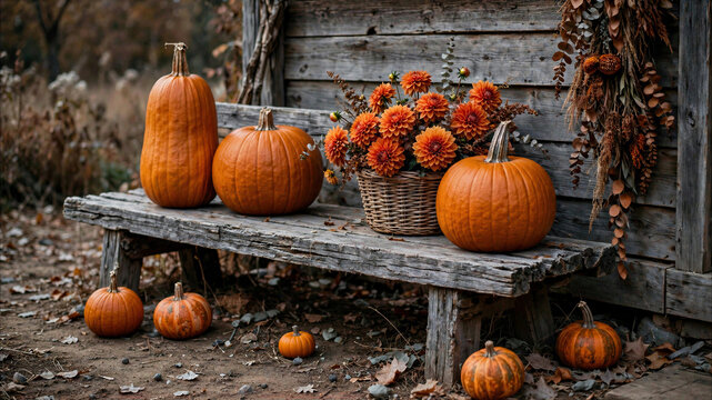Pumpkins and autumn flowers on weathered wooden bench