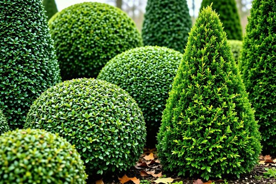 Topiary boxwood shrubs shaped as spheres, cones decorate garden lawn. Green bushes with trimmed leaves grow in neat rows. Nature landscaping design provides organized look for botanical park.