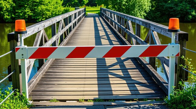 Wooden bridge closed by barrier with orange light, pathway over water blocked. Safety warning, no access, obstruction ahead. Summer nature scene, calm river water reflect green trees.
