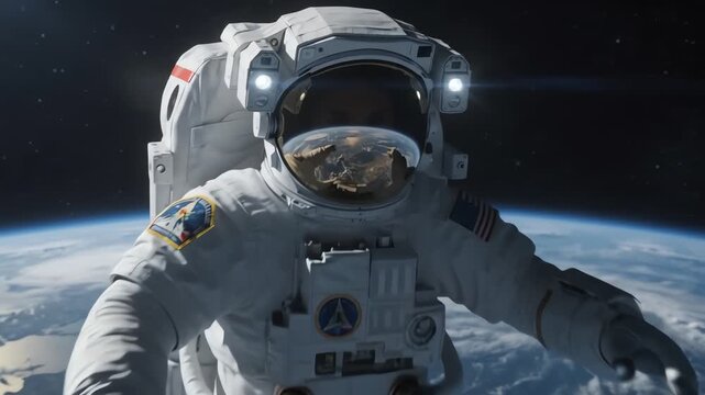 Astronaut taking a selfie while floating in orbit above the Earth in outer space.