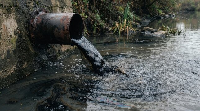 Industrial wastewater flowing from rusty metal pipe into river