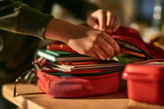 Close Up of Hands Packing Essentials for School