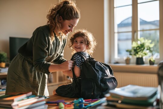 Mom Helping Teen Daughter Pack Backpack for School