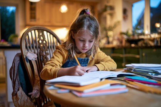 Elementary Student Completing Homework in Kitchen at Home