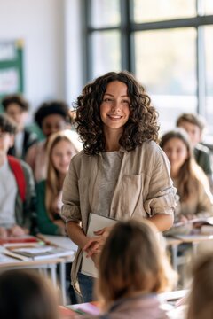 Smiling Teacher Welcoming New Students in Contemporary Classroom