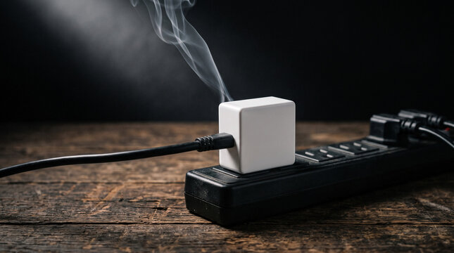 Overloaded power strip with smoking adapter in dark studio setting
