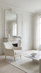 Fototapeta premium Elegant white modern living room interior with classic fireplace and armchair
