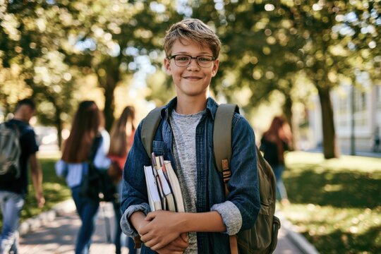 Smiling Schoolboy Wearing a Backpack and Holding Books in the Schoolyard