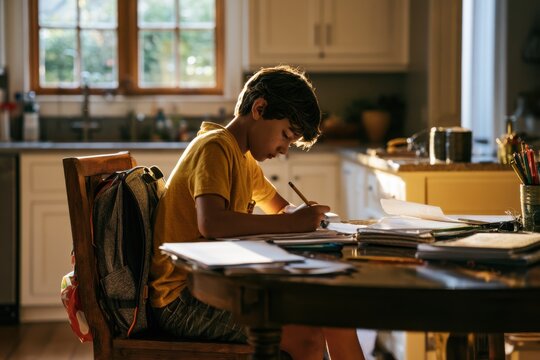 Elementary Student Completing Homework in Kitchen at Home
