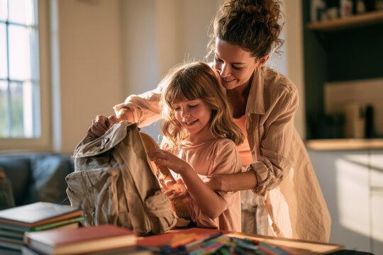 Mother Assisting Daughter with School Backpack Preparation Together