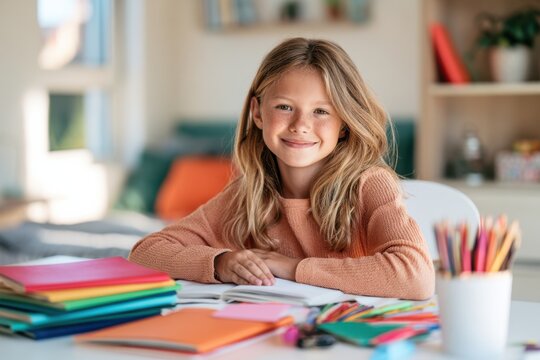 Elementary Schoolgirl Getting Her School Supplies Ready