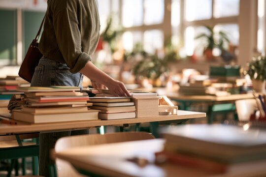 Educator Arranging Classroom Supplies in Empty Bright Room