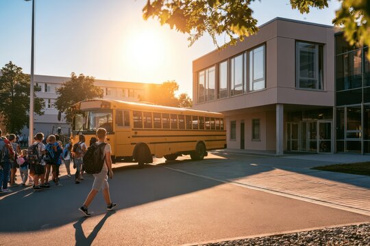 Yellow School Bus Pulling Up to Contemporary School Entrance