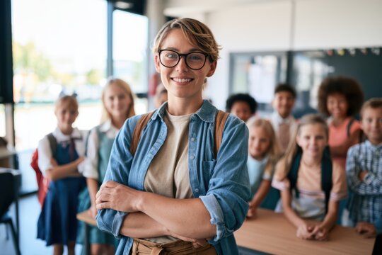 Young Female Teacher in Modern Classroom with Students