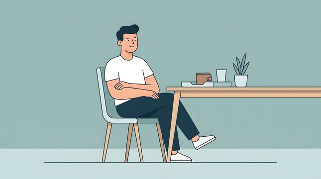 Contented Casual: A young man relaxes at a table, arms crossed and a relaxed smile on his face, exuding an air of contentment and ease in a minimalist setting.