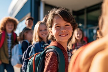 Obraz premium Young Students Walking Into School with Backpacks and Books