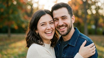 Fototapeta premium Happy couple smiling outdoors in park during autumn