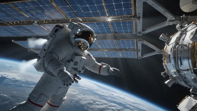 Astronaut performing a spacewalk outside the international space station orbiting above earth.