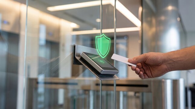 Hand tapping security card on electronic reader at office glass door with green shield icon for access control
